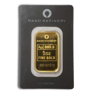 Gold bullion bar from Rand Refinery, weighing 1 ounce, marked as 999.9 fine gold, packaged in a protective display card.
