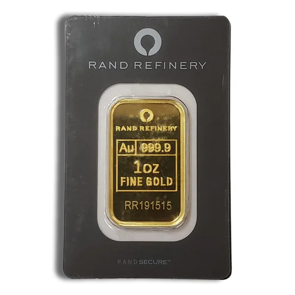 Gold bullion bar from Rand Refinery, weighing 1 ounce, marked as 999.9 fine gold, packaged in a protective display card.