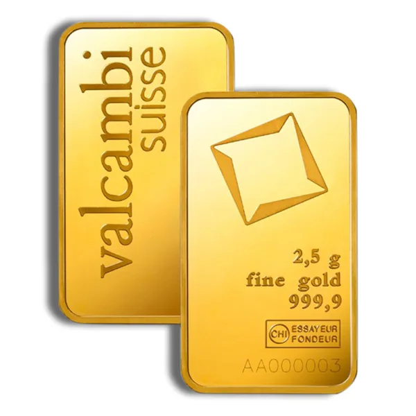 Valcambi Suisse gold bar weighing 2.5 grams, featuring fine gold purity of 999.9, with distinct branding and certification details. Ideal for investors and collectors seeking high-quality precious metals.