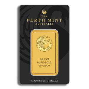 50-gram gold bar from the Perth Mint, Australia, featuring a purity of 99.99% and presented in a tamper-evident case.