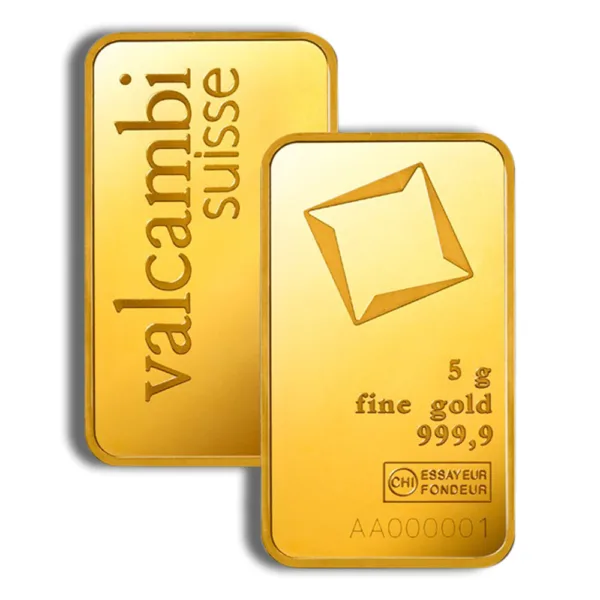 5g Valcambi Suisse gold bar featuring fine gold 999.9 purity, ideal for investment and collectors.
