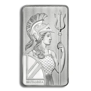 Silver bullion bar featuring a detailed engraving of the figure Britannia, showcasing her wearing a helmet and holding a trident, symbolizing strength and resilience in precious metals investment.