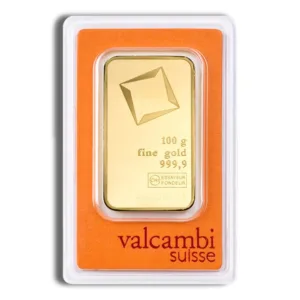 100g Valcambi Suisse gold bar in protective packaging, featuring high purity and brand certification for investment purposes.