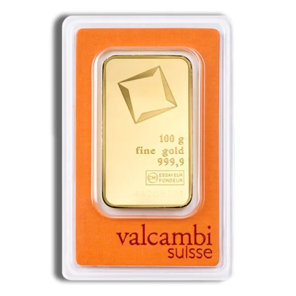 100g Valcambi Suisse gold bar in protective packaging, featuring high purity and brand certification for investment purposes.