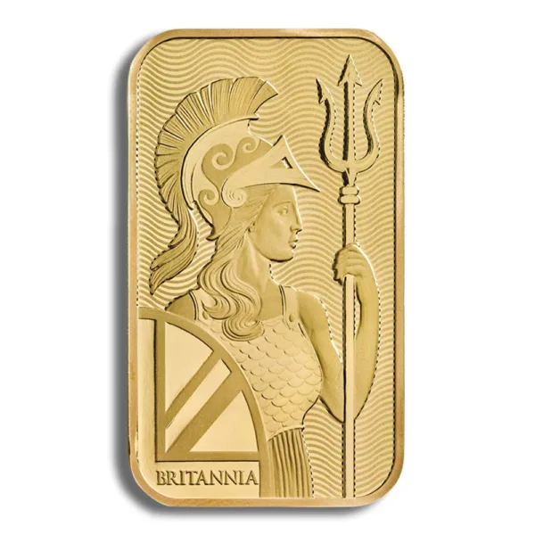 Gold bullion bar featuring the image of Britannia, a symbol of British strength and unity, holding a trident and adorned in a classical helmet. The design includes intricate details and a textured background, emphasizing its value as an investment piece.