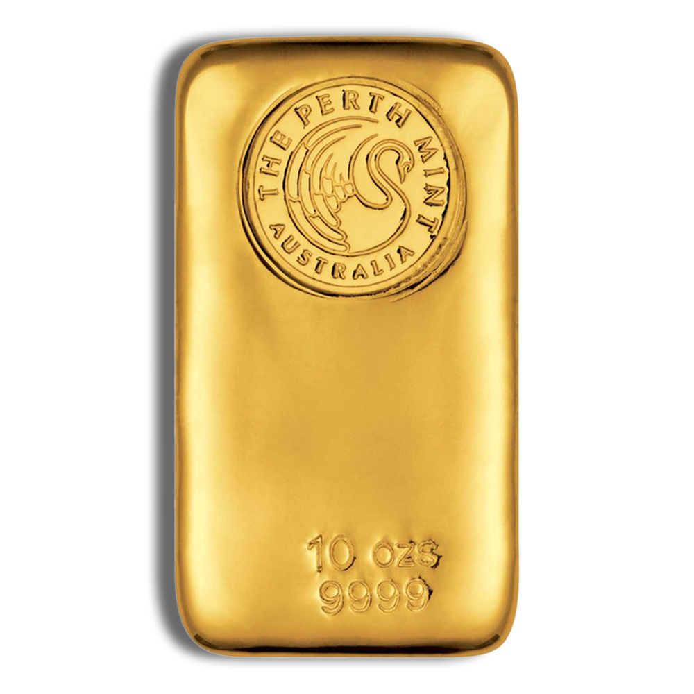 Gold bullion bar from the Perth Mint, Australia, weighing 10 ounces with a purity of 9999. Features the Perth Mint logo and weight markings. Ideal for investment and collectors.