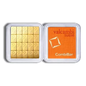 Valcambi CombiBar gold bullion in a protective case, featuring individual gold squares for easy division and investment.
