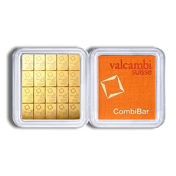 Valcambi CombiBar gold bullion in a protective case, featuring individual gold squares for easy division and investment.