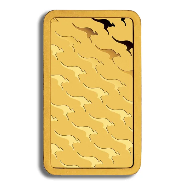 Colorful card featuring a repeating pattern of kangaroos in various shades of yellow and brown on a golden background, showcasing Australian wildlife.