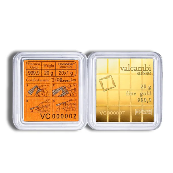 Gold bullion bars displayed in a protective case, featuring a 20-gram Valcambi gold bar and an orange assay certificate, highlighting authenticity and purity of 99.99%.