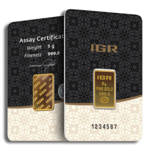 5g gold bullion bar with assay certificate, featuring IGR branding and details on weight and fineness (999.9), displayed on a decorative background.