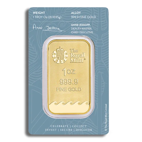 Gold bullion bar from The Royal Mint, weighing 1 troy ounce (31.1035g), crafted from 999.9 fine gold. Features the signature of Anne Jessopp, Deputy Master and Chief Executive, with a decorative blue background highlighting its authenticity and investment value.