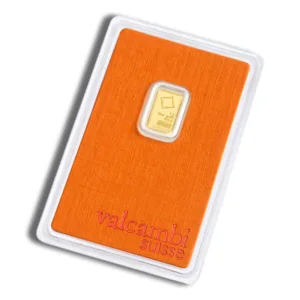 Valcambi Suisse gold bar packaged in a vibrant orange card, featuring a 1 gram gold ingot encased in clear plastic, highlighting its authenticity and premium quality.