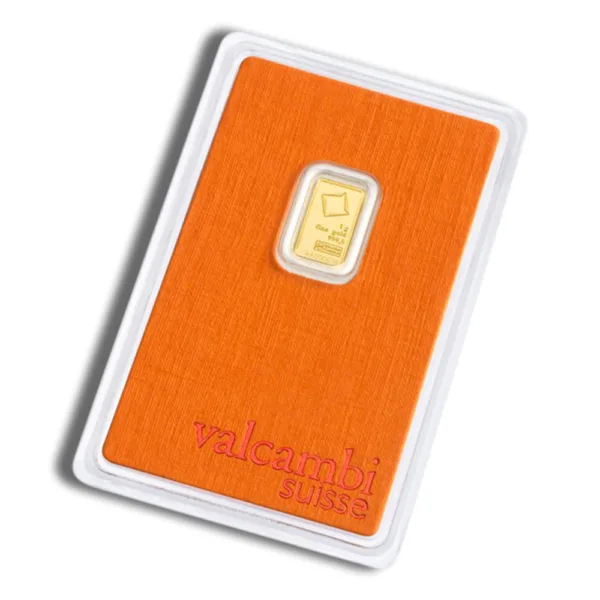 Valcambi Suisse gold bar packaged in a vibrant orange card, featuring a 1 gram gold ingot encased in clear plastic, highlighting its authenticity and premium quality.