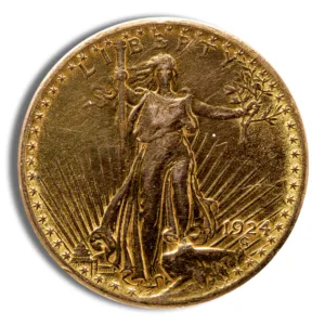 Gold American Eagle coin featuring Lady Liberty, minted in 1924, showcasing intricate details and a radiant finish. Ideal for collectors and investors in precious metals.