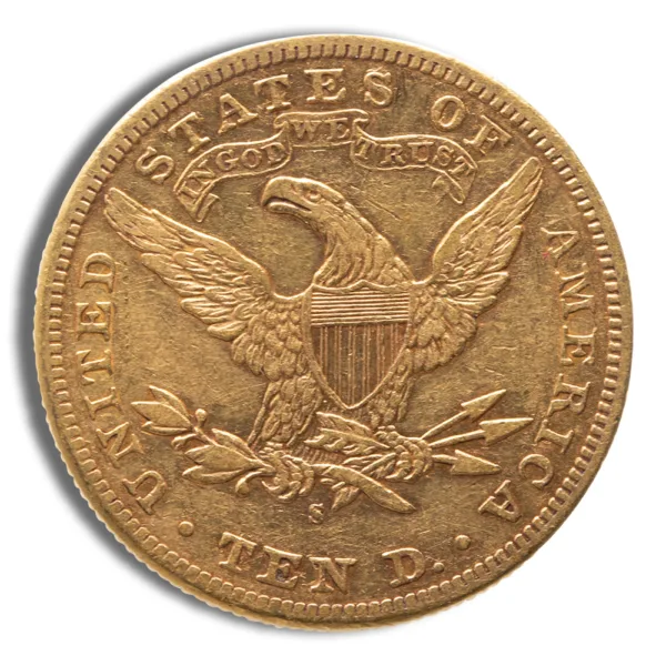 Gold coin featuring the Great Seal of the United States with an eagle, inscribed "United States of America" and "In God We Trust," denomination of ten dollars, and a decorative border.
