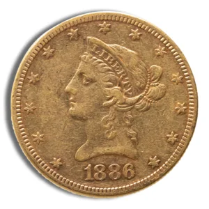 1886 gold coin featuring a profile of Liberty, surrounded by stars, showcasing intricate details and historical significance in American numismatics.