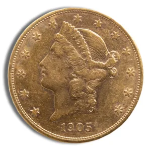 Gold coin minted in 1905 featuring a profile of Liberty with intricate detailing and stars surrounding the edge. Ideal for collectors and enthusiasts of historical currency.