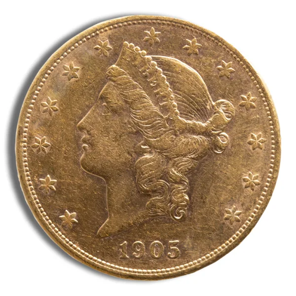 Gold coin minted in 1905 featuring a profile of Liberty with intricate detailing and stars surrounding the edge. Ideal for collectors and enthusiasts of historical currency.