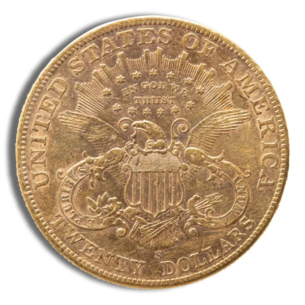 Gold twenty-dollar coin featuring the Great Seal of the United States, inscribed with "United States of America" and "In God We Trust," showcasing intricate details including an eagle and shield design.