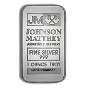 Johnson Matthey 1-ounce fine silver bar with a purity of 999, featuring the company's logo and serial number, ideal for investors and collectors.