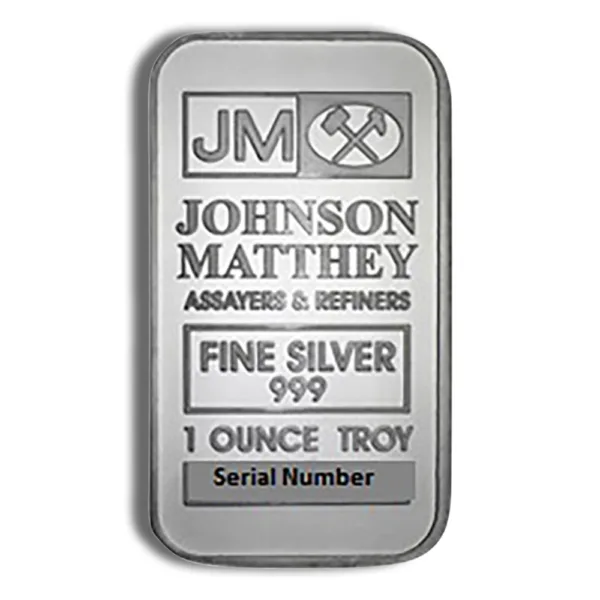 Johnson Matthey 1-ounce fine silver bar with a purity of 999, featuring the company's logo and serial number, ideal for investors and collectors.
