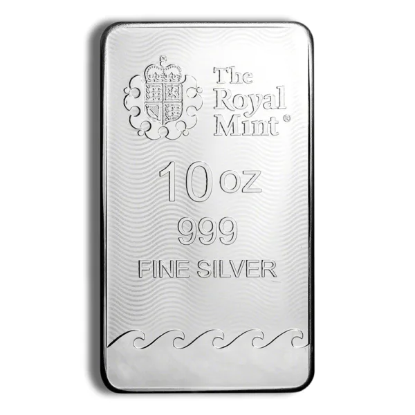 10 oz silver bar from The Royal Mint featuring 999 fine silver purity, designed with a smooth surface and embossed branding. Ideal for collectors and investors in precious metals.