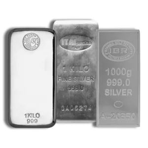 Three silver bullion bars, including a 1 kilogram bar and a 1000 gram bar, showcasing their purity and weight specifications.