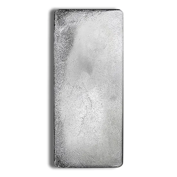 Silver bullion bar with a shiny, reflective surface, commonly used for investment and trading in precious metals.