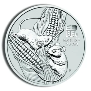 Silver coin featuring two mice among corn stalks, symbolizing the Year of the Mouse in the Chinese zodiac, with intricate detailing and the Chinese character for "mouse."