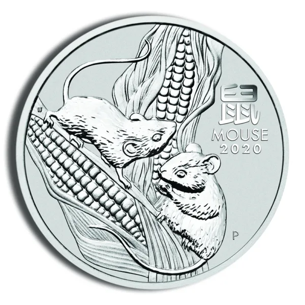Silver coin featuring two mice among corn stalks, symbolizing the Year of the Mouse in the Chinese zodiac, with intricate detailing and the Chinese character for "mouse."