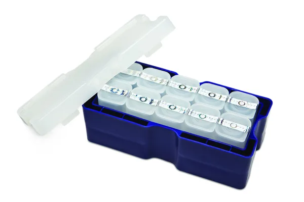 Weekly pill organizer with clear compartments and a blue base, designed for medication management.