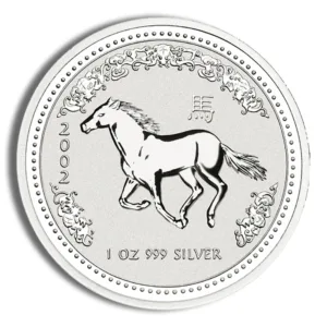 Silver coin featuring a galloping horse design, weighing 1 oz and made of .999 pure silver, ideal for collectors and investors.