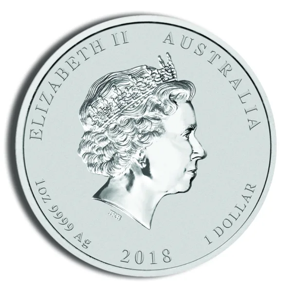 Coin featuring a profile of Queen Elizabeth II, issued in 2018 by Australia, with inscriptions indicating the denomination of 1 dollar and the metal purity of 9999.