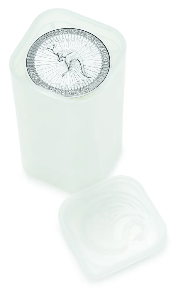 Australian Kangaroo silver coin in a protective clear capsule, showcasing its detailed design and authenticity. Ideal for collectors and investors in precious metals.