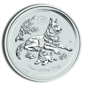 Silver coin featuring a dog and a puppy, surrounded by floral designs, with the inscription "Year of the Dog" in English and Chinese characters. Ideal for collectors and enthusiasts of zodiac-themed memorabilia.