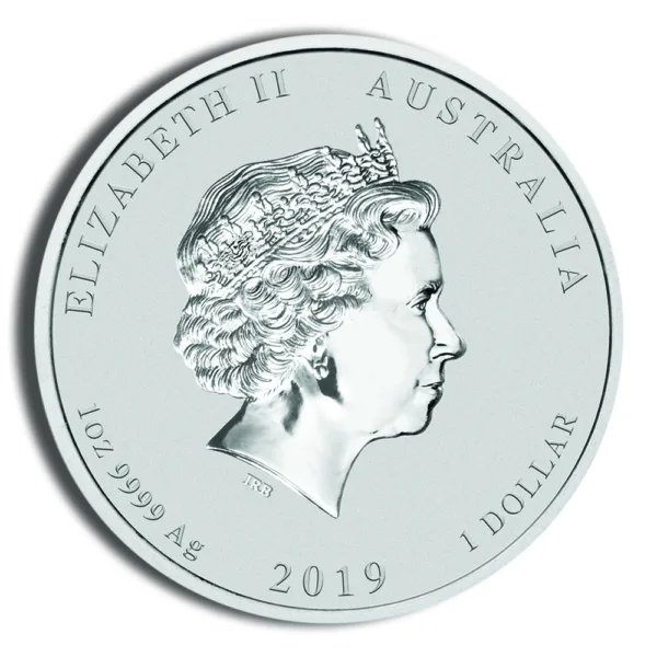 2019 Australian one dollar coin featuring a profile of Queen Elizabeth II, made of 1 oz of 99.9% silver.