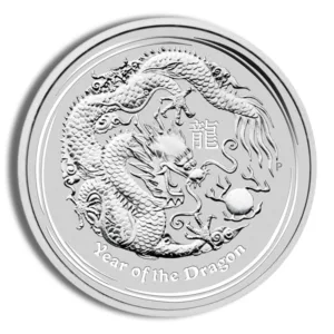 Silver coin featuring an intricate dragon design, commemorating the Year of the Dragon in Chinese astrology.