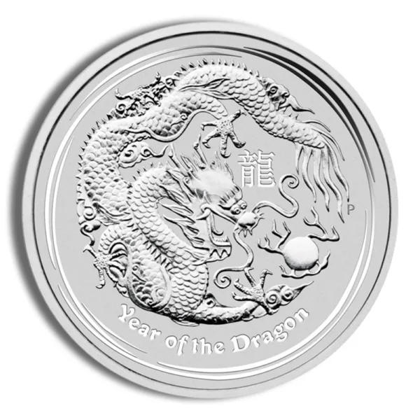 Silver coin featuring an intricate dragon design, commemorating the Year of the Dragon in Chinese astrology.