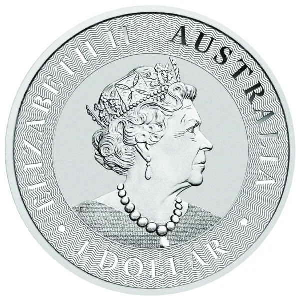 Silver Australian dollar coin featuring a profile of Queen Elizabeth II, adorned with a crown and necklace, showcasing intricate detailing and the inscription "Australia."