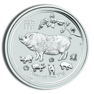 Silver coin featuring a detailed depiction of a pig, symbolizing the Year of the Pig, with smaller pig illustrations and floral elements surrounding the main figure.