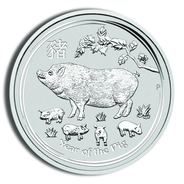 Silver coin featuring a detailed depiction of a pig, symbolizing the Year of the Pig, with smaller pig illustrations and floral elements surrounding the main figure.