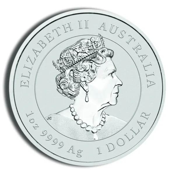 Silver coin featuring a profile of Queen Elizabeth II, marked with "Elizabeth II Australia," "1 oz 9999 Ag," and "1 Dollar." Ideal for collectors and investors in precious metals.