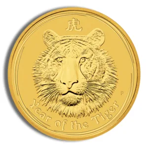 Gold coin featuring a detailed engraving of a tiger's face, inscribed with "Year of the Tiger" and Chinese characters, symbolizing strength and courage in the lunar calendar.