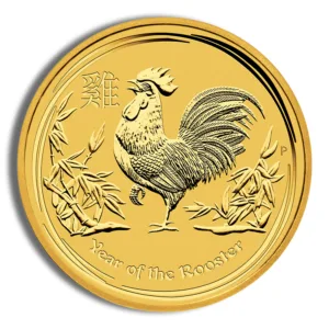 Gold coin featuring a detailed rooster design, symbolizing the Year of the Rooster in the Chinese zodiac, surrounded by bamboo elements.