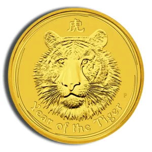 Gold coin featuring a detailed tiger face design, commemorating the Year of the Tiger, with inscriptions in English and Chinese characters. Ideal for collectors and as a symbol of prosperity and strength.