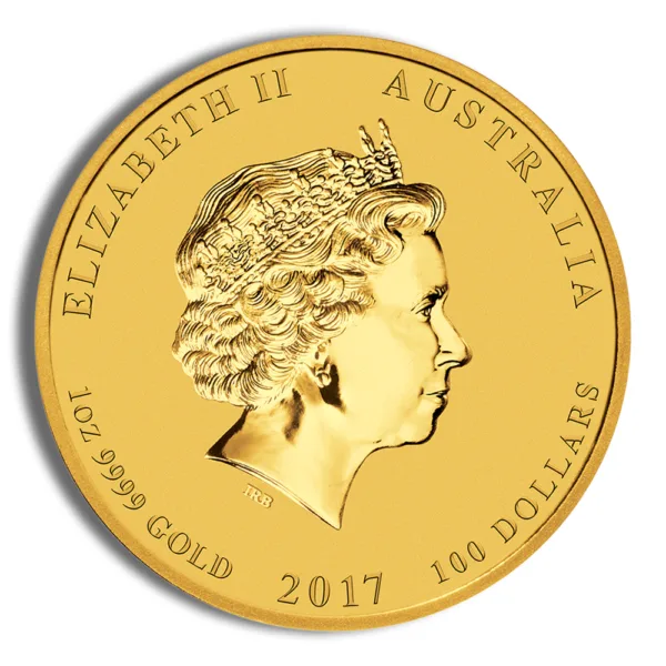Gold coin featuring Queen Elizabeth II, minted in Australia in 2017, with a face value of 100 dollars and made of 1 oz of 9999 fine gold.