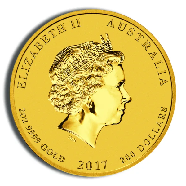 Gold coin featuring a profile of Queen Elizabeth II, minted in Australia in 2017, with a denomination of 300 dollars and a weight of 1 ounce of gold.