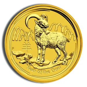 Gold coin featuring a ram design, symbolizing the Year of the Goat in the Chinese zodiac. The coin showcases intricate detailing and a shiny finish, representing prosperity and good fortune.