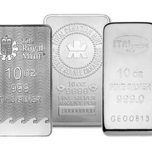 Three silver bullion bars, each weighing 10 ounces, showcasing different designs and markings, highlighting their purity of 999 and 999.0 fine silver.